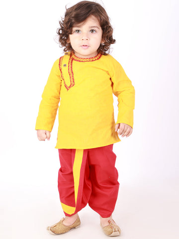 KID1 Embroidered Round Neck Kurta Dhoti Yellow