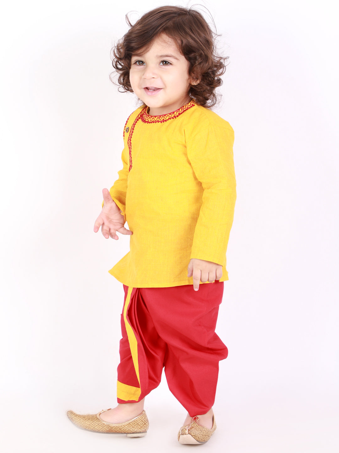 KID1 Embroidered Round Neck Kurta Dhoti Yellow