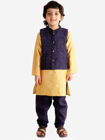 KID1 Silk Kurta Pyjama With Sequins Nehru Jacket Navy Blue
