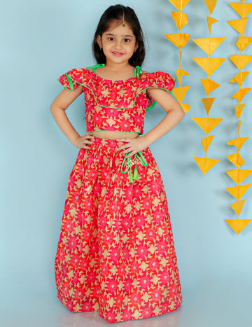 KID1 Floral Frilly Pavda Pattu Pink