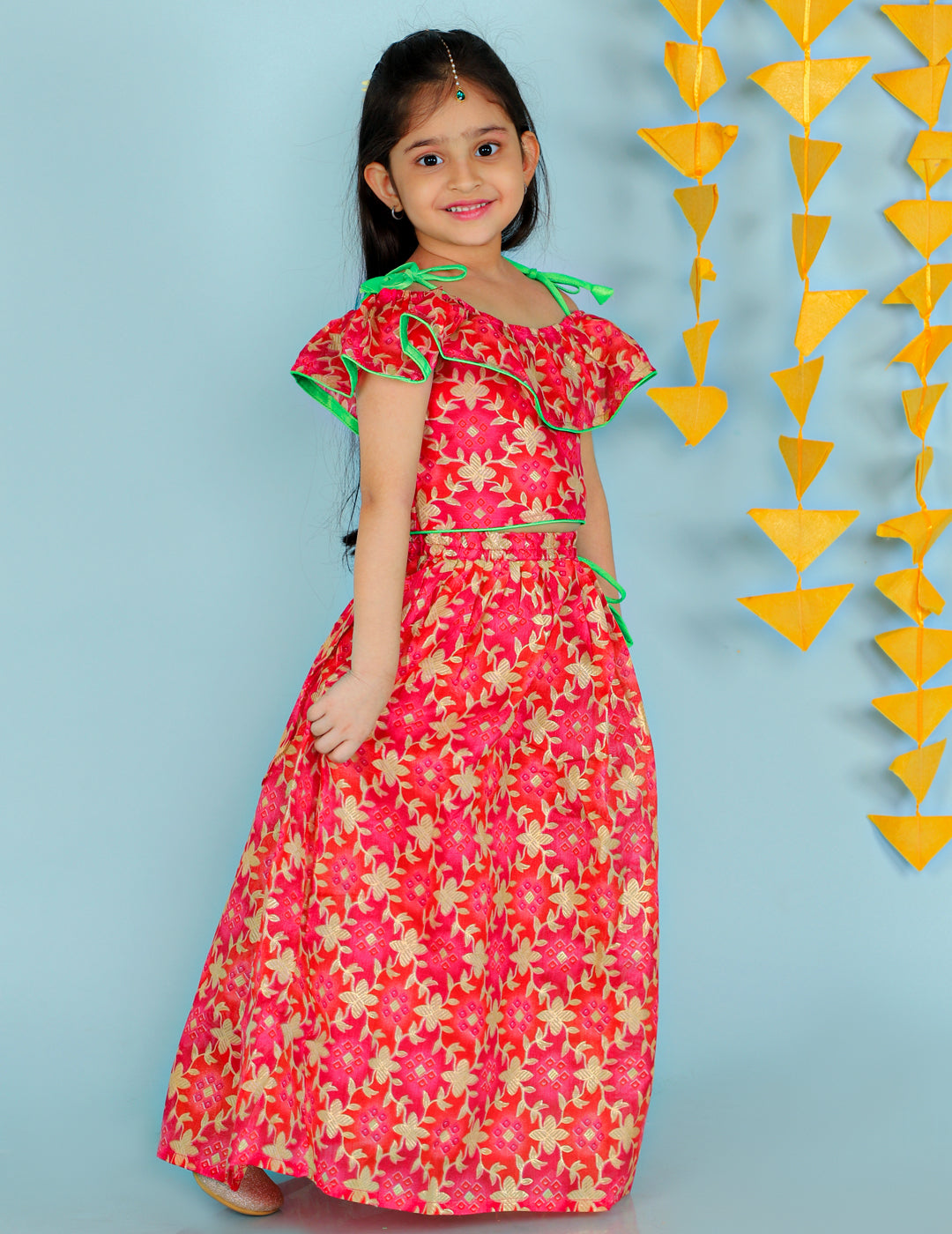 KID1 Floral Frilly Pavda Pattu Pink