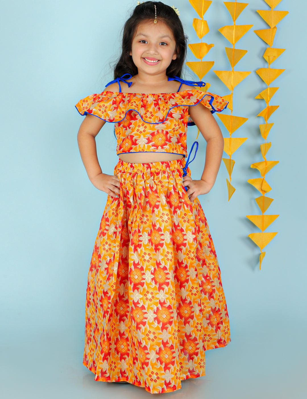 KID1 Floral Frilly Pavda Pattu Yellow