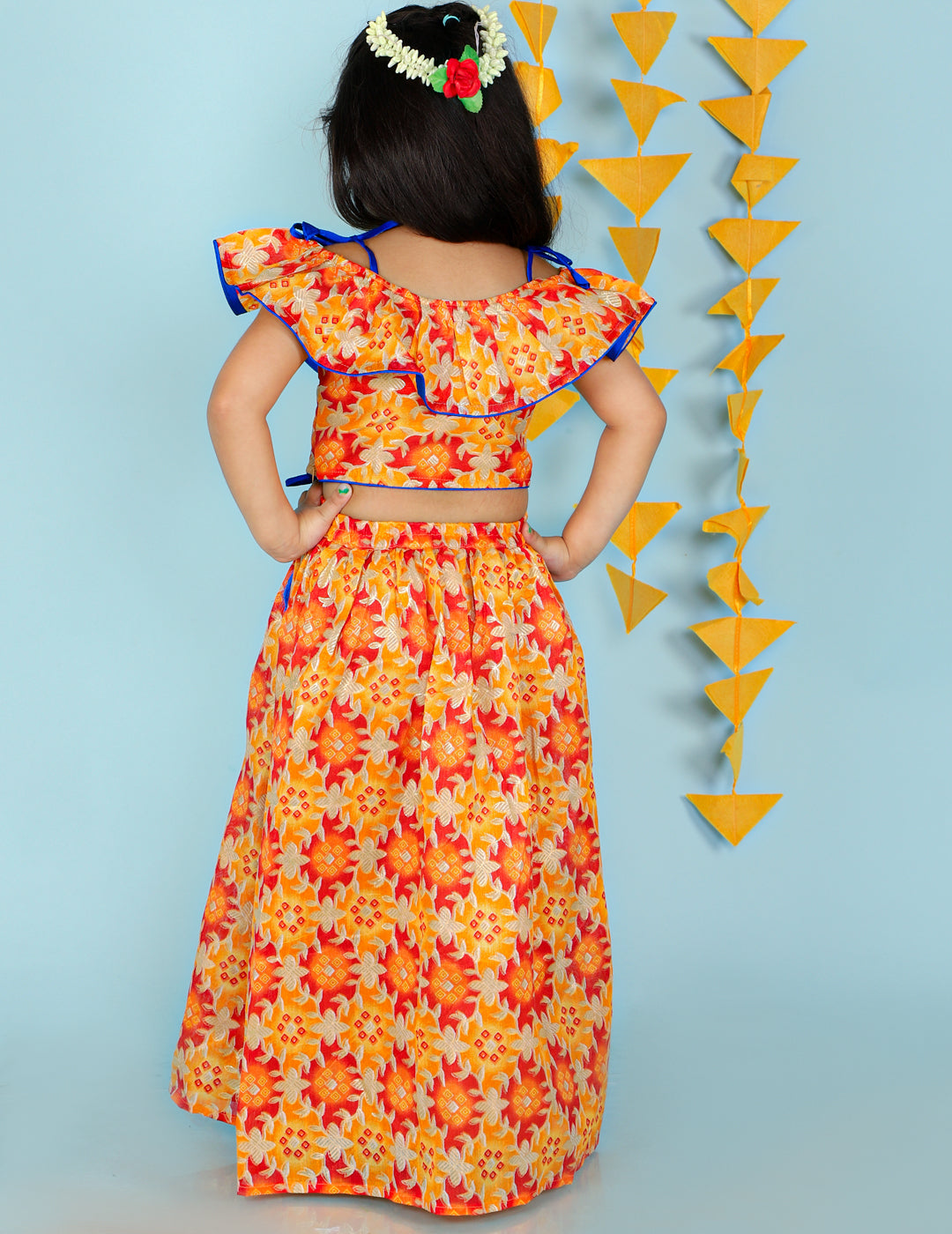 KID1 Floral Frilly Pavda Pattu Yellow