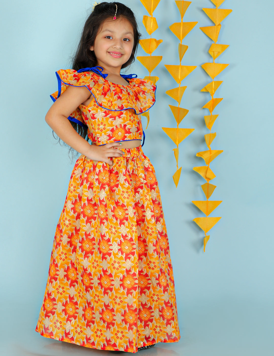 KID1 Floral Frilly Pavda Pattu Yellow