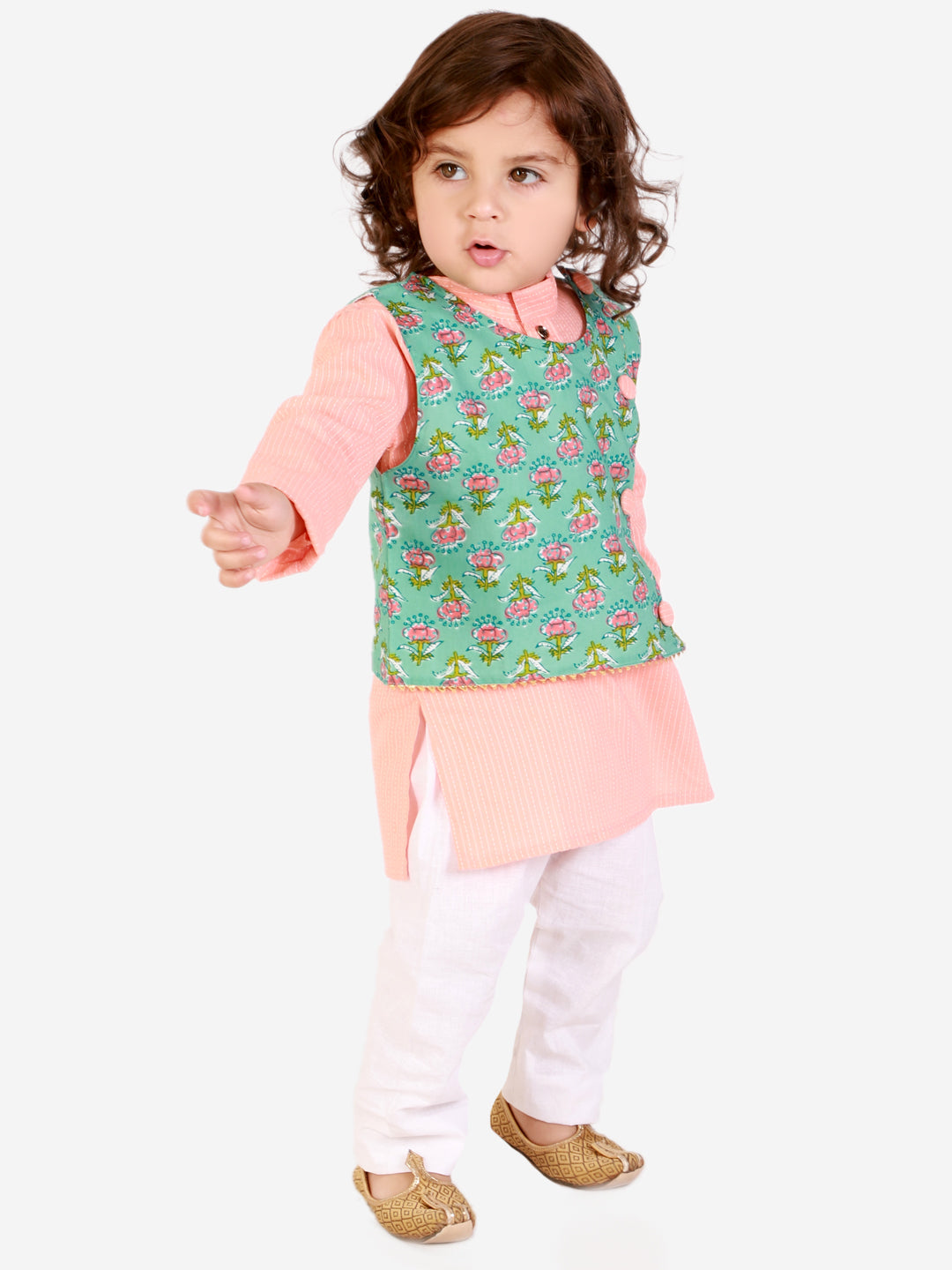 KID1 Floral Jacket Kantha Kurta Pyjama Set Green