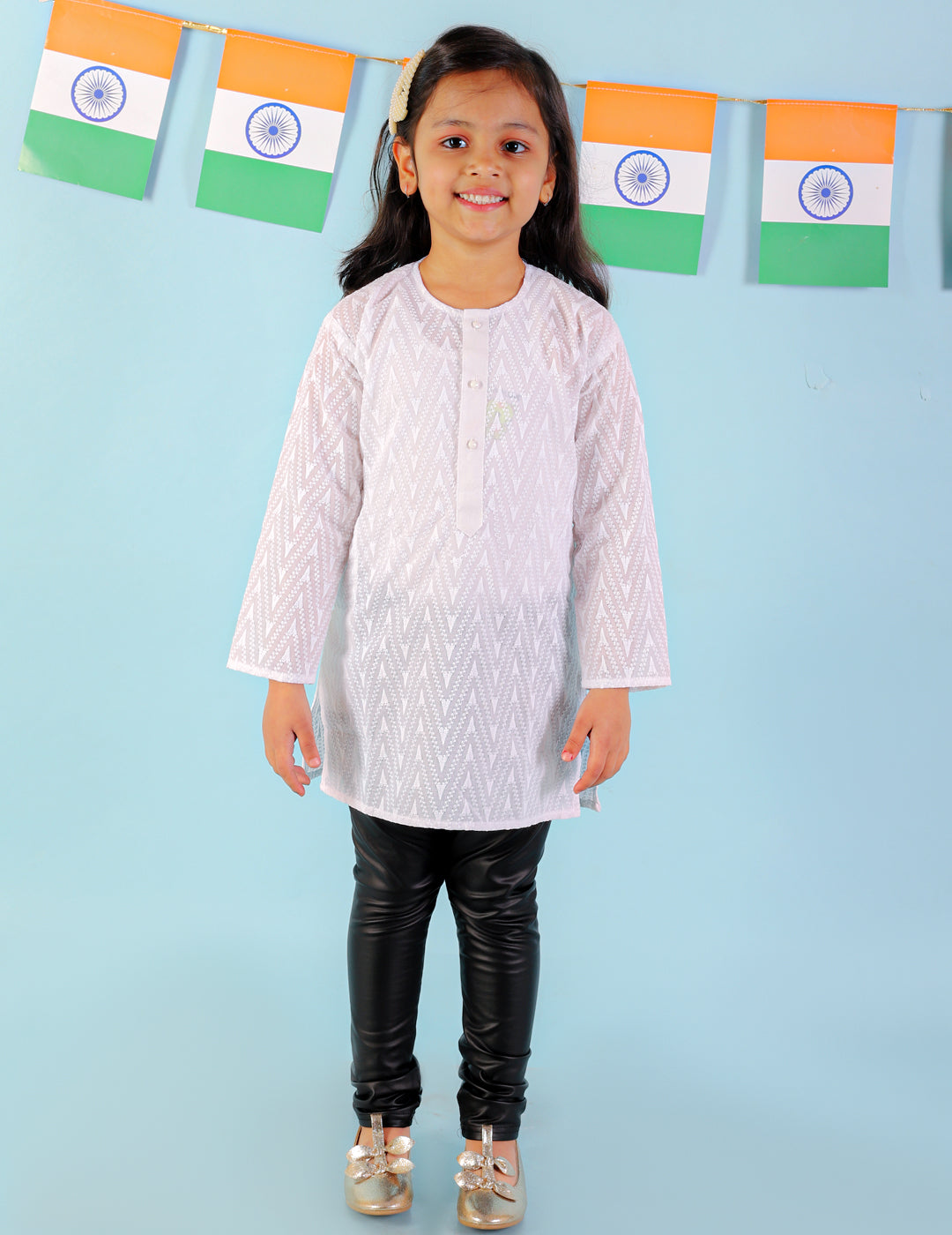 KID1 Chikan Work Round Neck Girls Kurti Only White