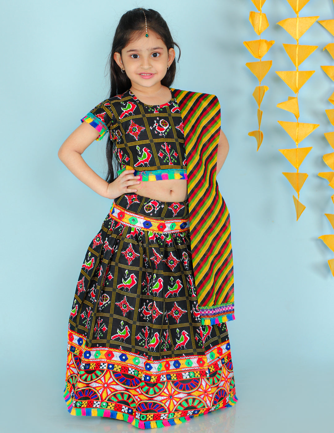 KID1 Pattola Print Lehenga Choli Black