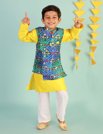 KID1 Festive Kurta Pyjama With Digi Print Jacket Blue