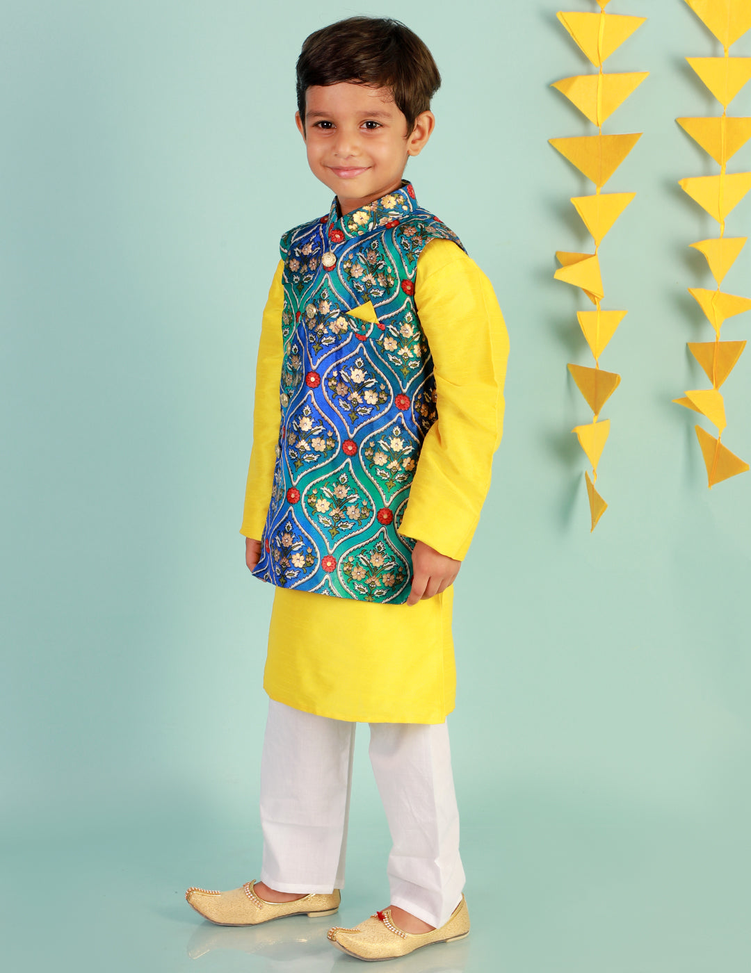 KID1 Festive Kurta Pyjama With Digi Print Jacket Blue