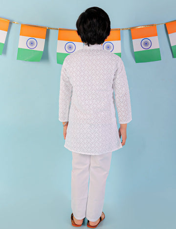 KID1 White Chikan Work Kurta Pyjama White