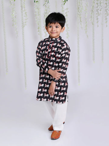 KID1 Animal Print Kurta Pajama Black