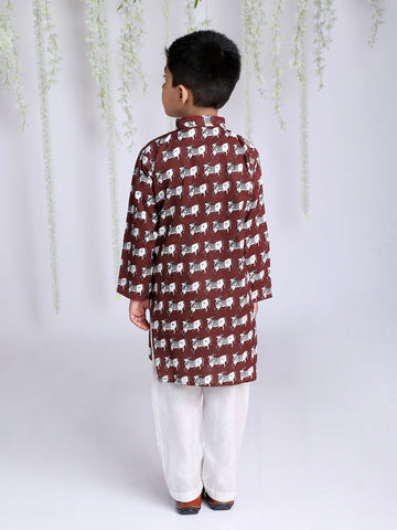KID1 Animal Print Kurta Pajama Maroon