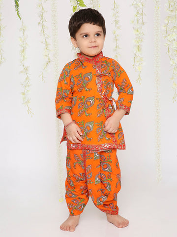 KID1 Printed Anghrakha Kurta Dhoti Orange