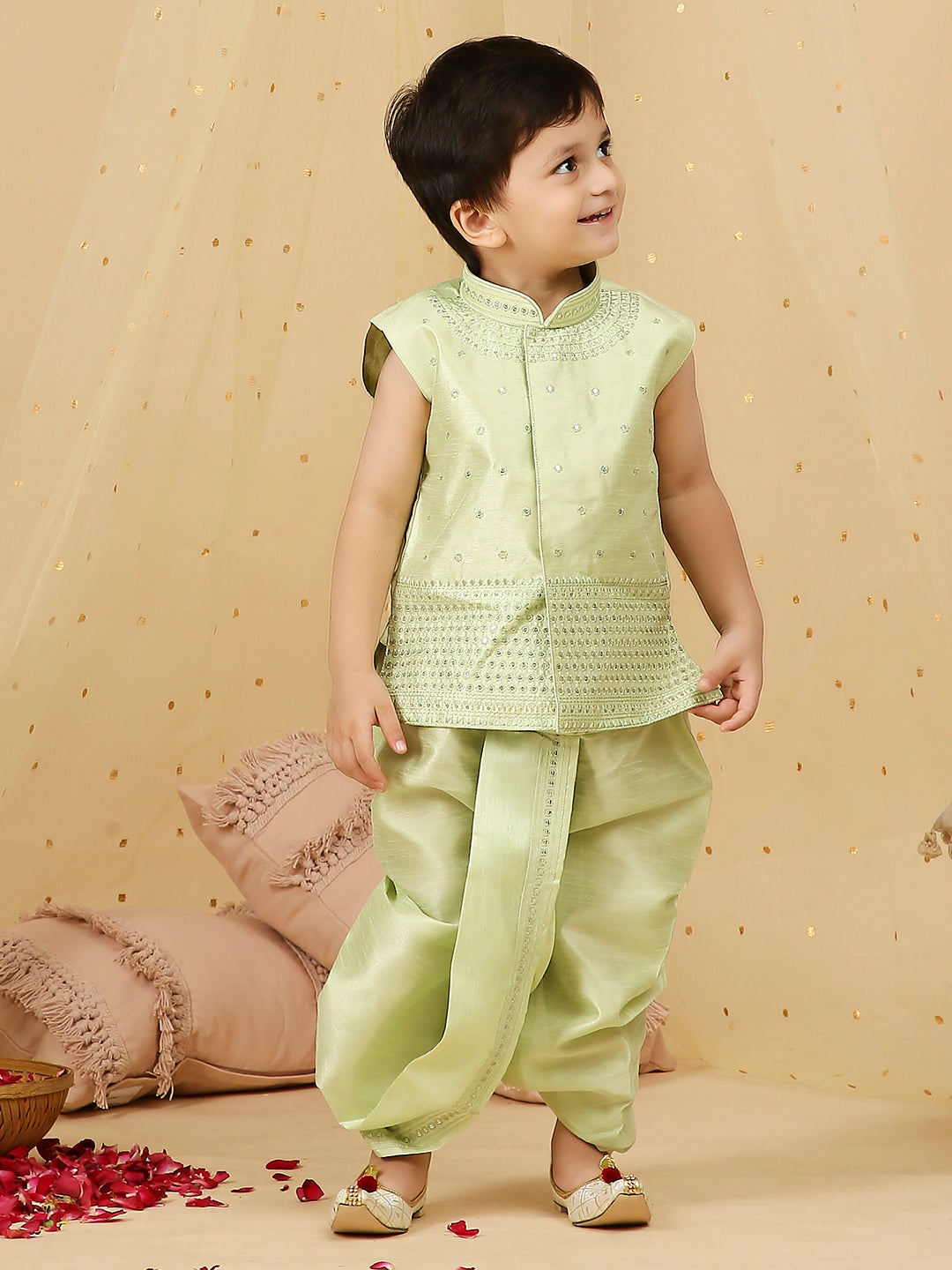 KID1 Mirror Work Jacket With Dhoti Green