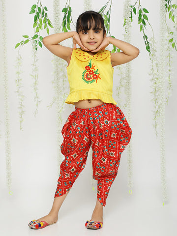 KID1 Mirror Embroidered Work Top With Patola Print Dhoti Red