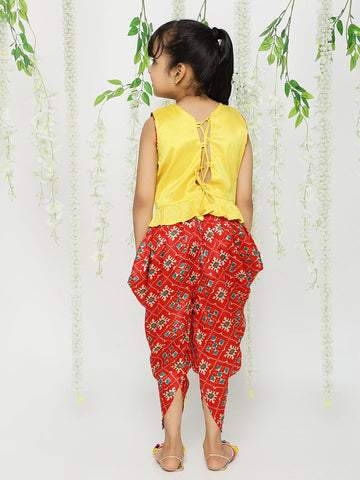 KID1 Mirror Embroidered Work Top With Patola Print Dhoti Red