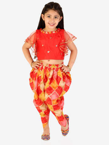 KID1 Net Frill Sleeves Crop Top With Dhoti Red