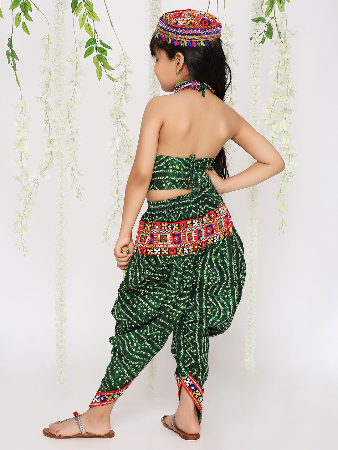 KID1 Bandhani Navratri Dhoti Set with Cap Green