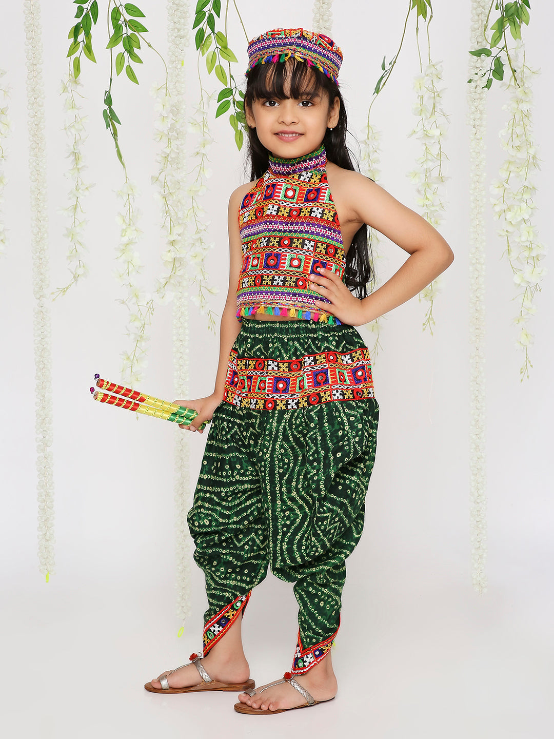 KID1 Bandhani Navratri Dhoti Set with Cap Green
