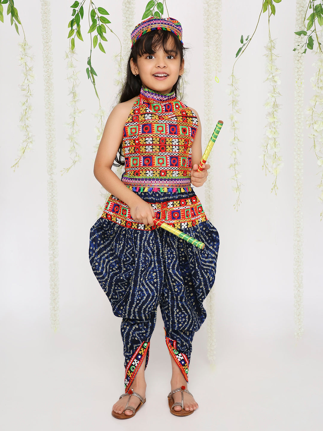 KID1 Bandhani Navratri Dhoti Set with Cap Navy Blue