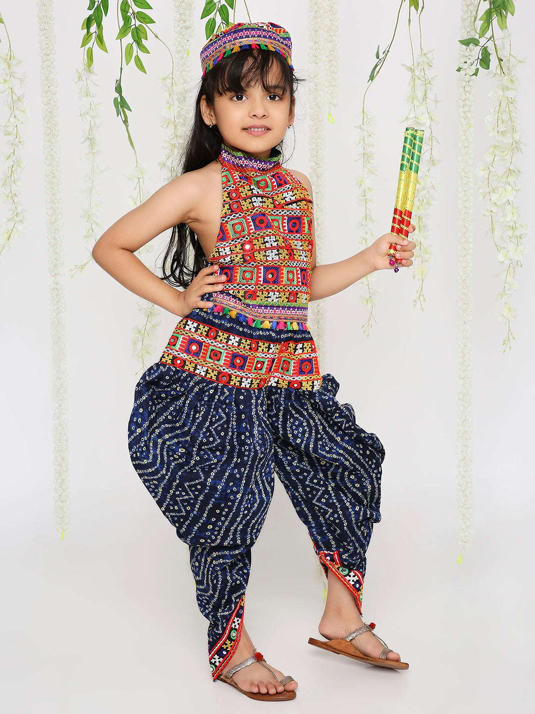 KID1 Bandhani Navratri Dhoti Set with Cap Navy Blue