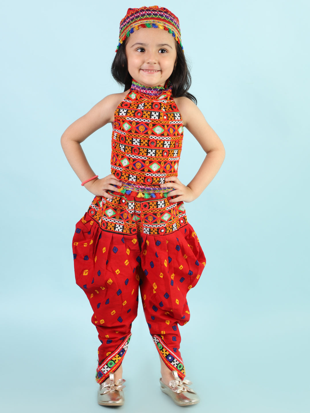 KID1 Bandhani Navratri Dhoti Set with Cap Red