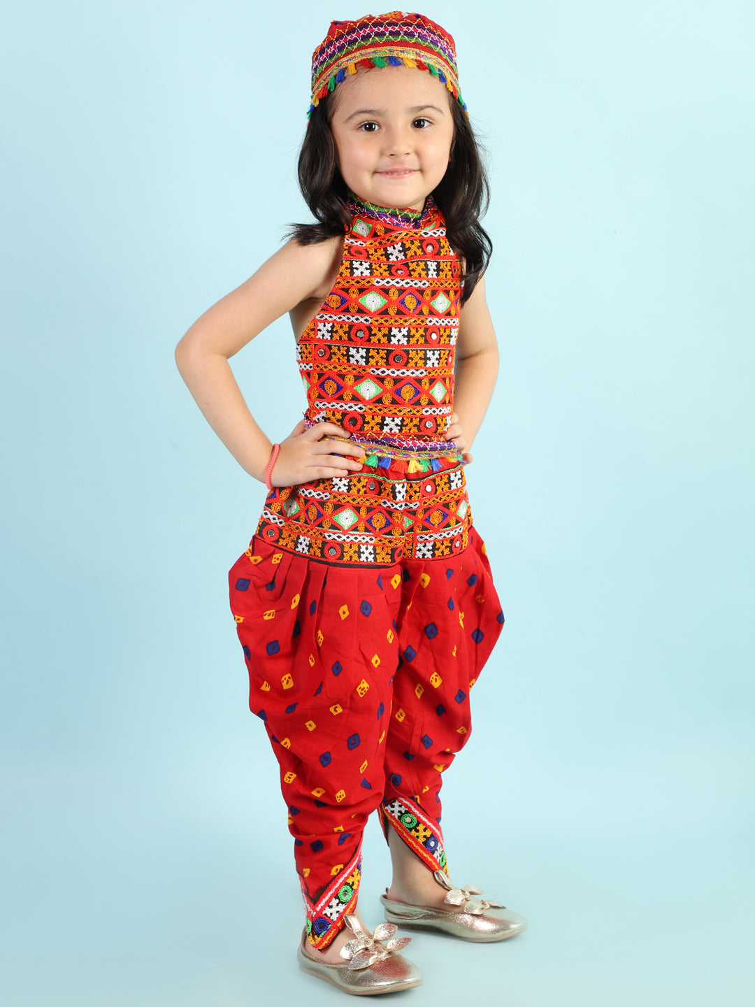KID1 Bandhani Navratri Dhoti Set with Cap Red