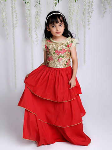 KID1 Embroidered Top With Layer Lehenga Gold