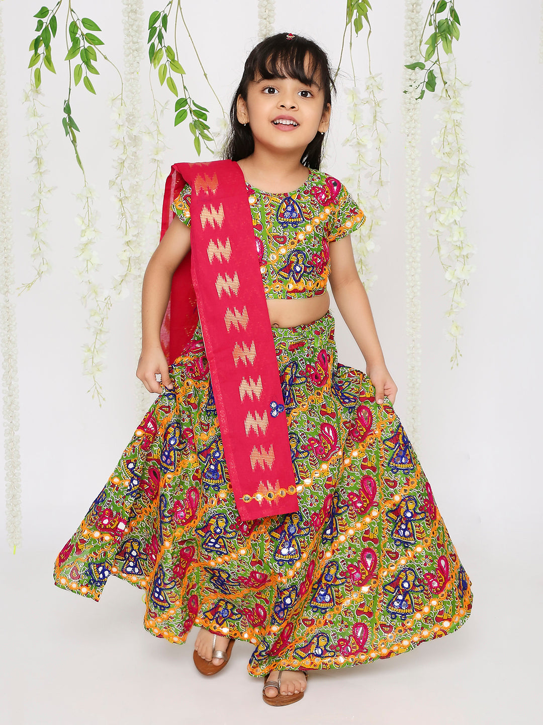 KID1 Mirror Work Navratri Lehenga Choli Green