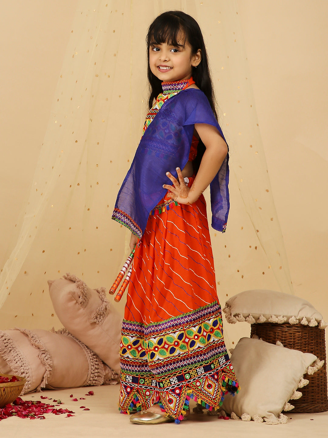 KID1 Navratri Halter Neck Choli with Lehariya Lehenga Orange