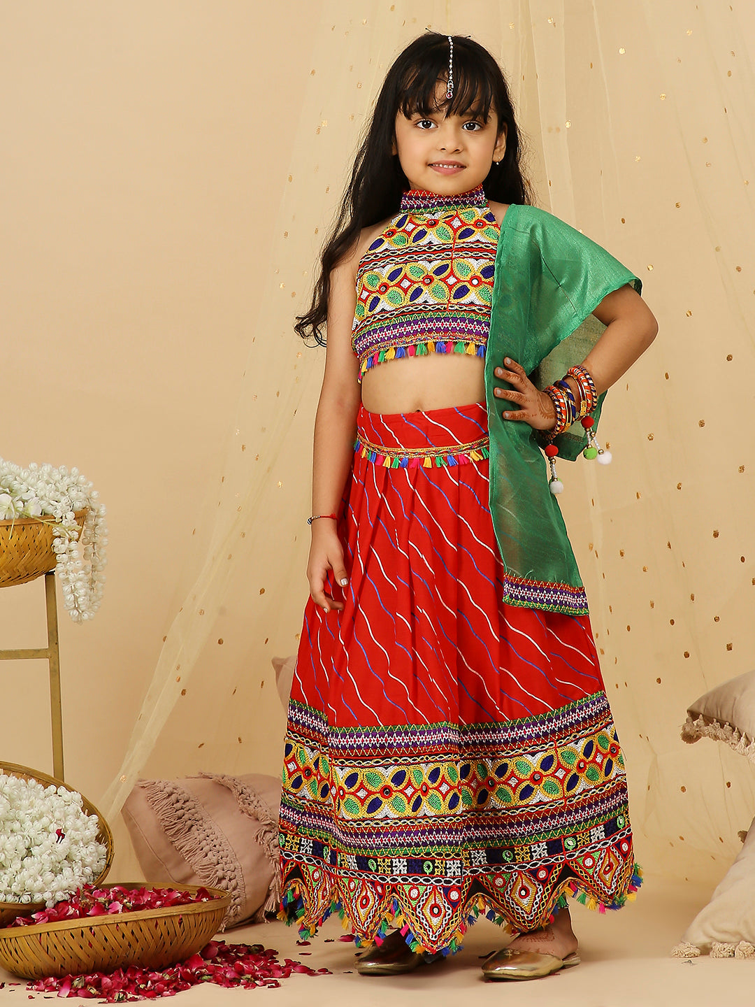 KID1 Navratri Halter Neck Choli with Lehariya Lehenga Red