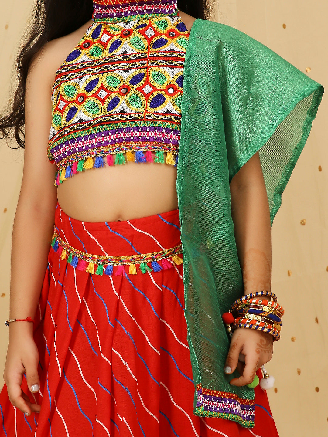 KID1 Navratri Halter Neck Choli with Lehariya Lehenga Red