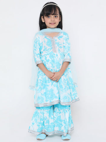 KID1 Rose Kurti Sharara Skyblue