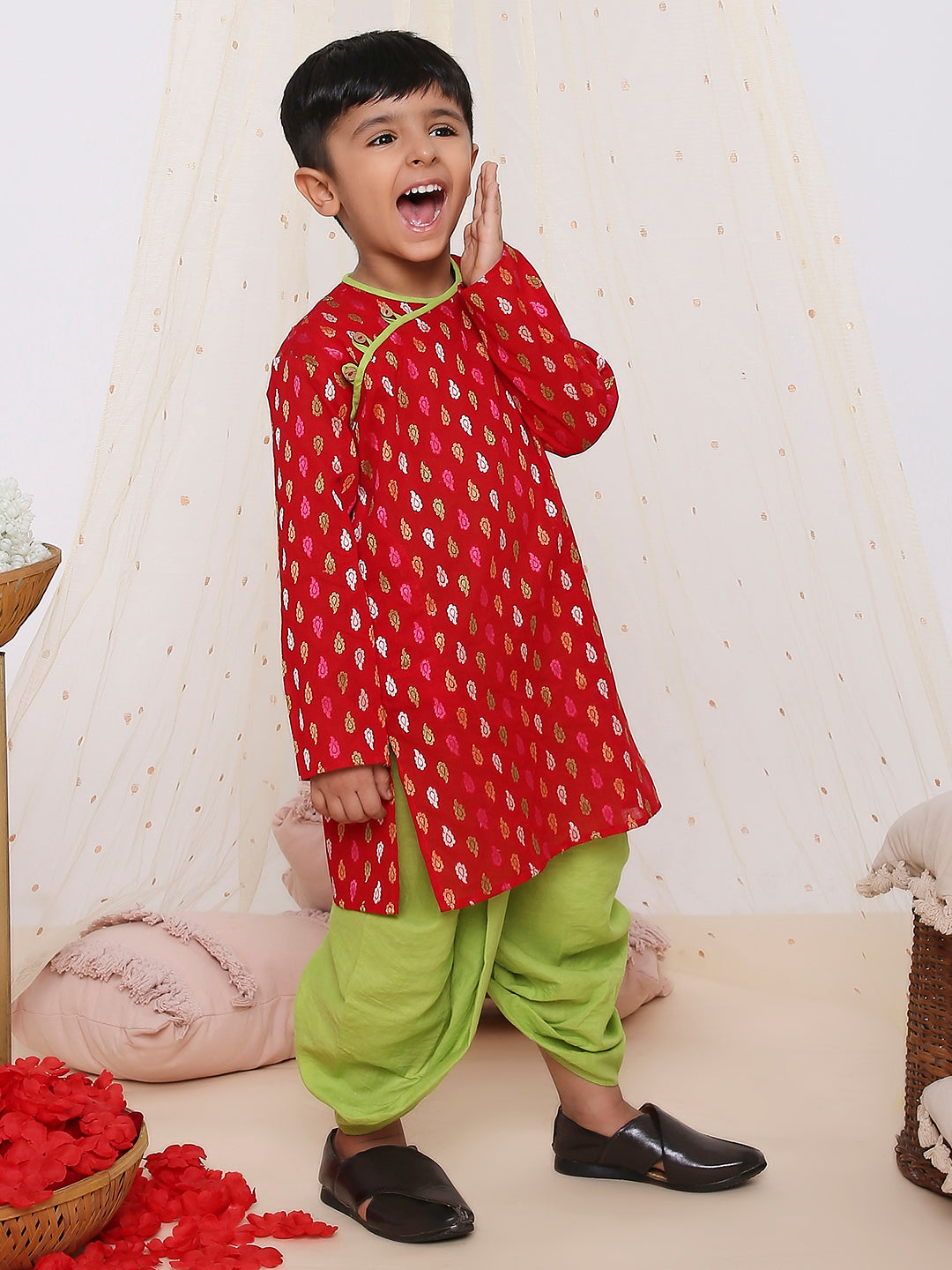 KID1 Handloom Weave Kurta Dhoti Red