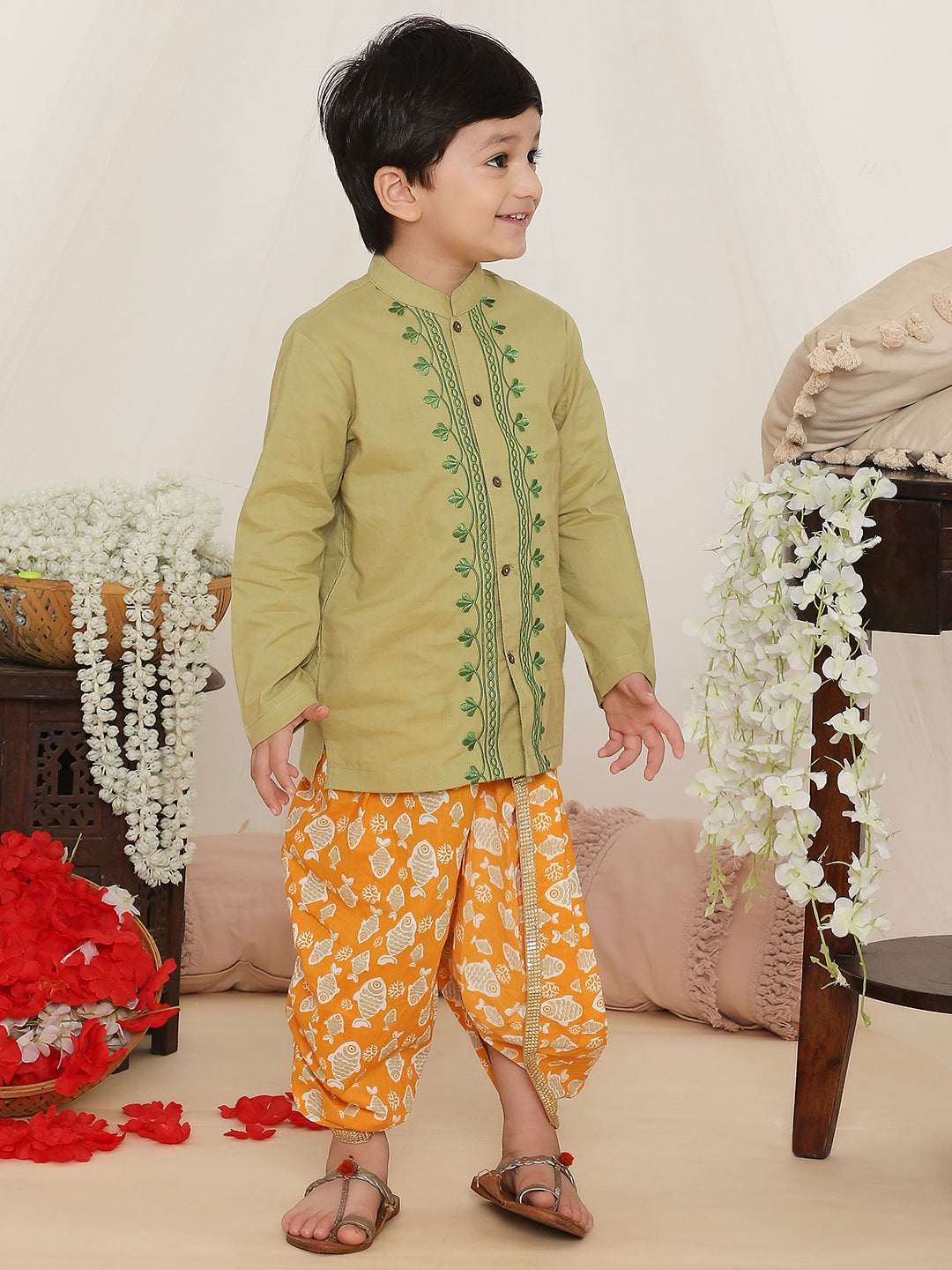 KID1 Ekam Boys Embroidered Kurta with Dhoti Green