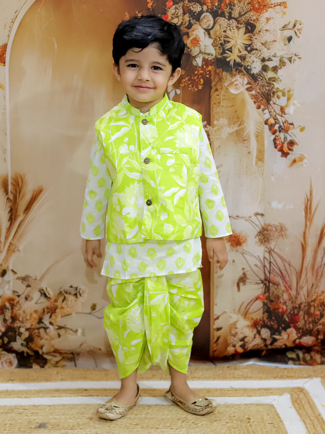 KID1 Floral Jacket With Motif Printed Kurta And Dhoti Set Green