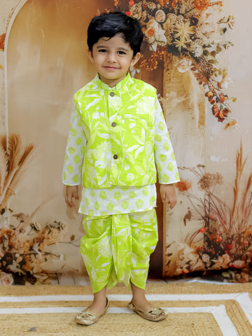 KID1 Floral Jacket With Motif Printed Kurta And Dhoti Set Green