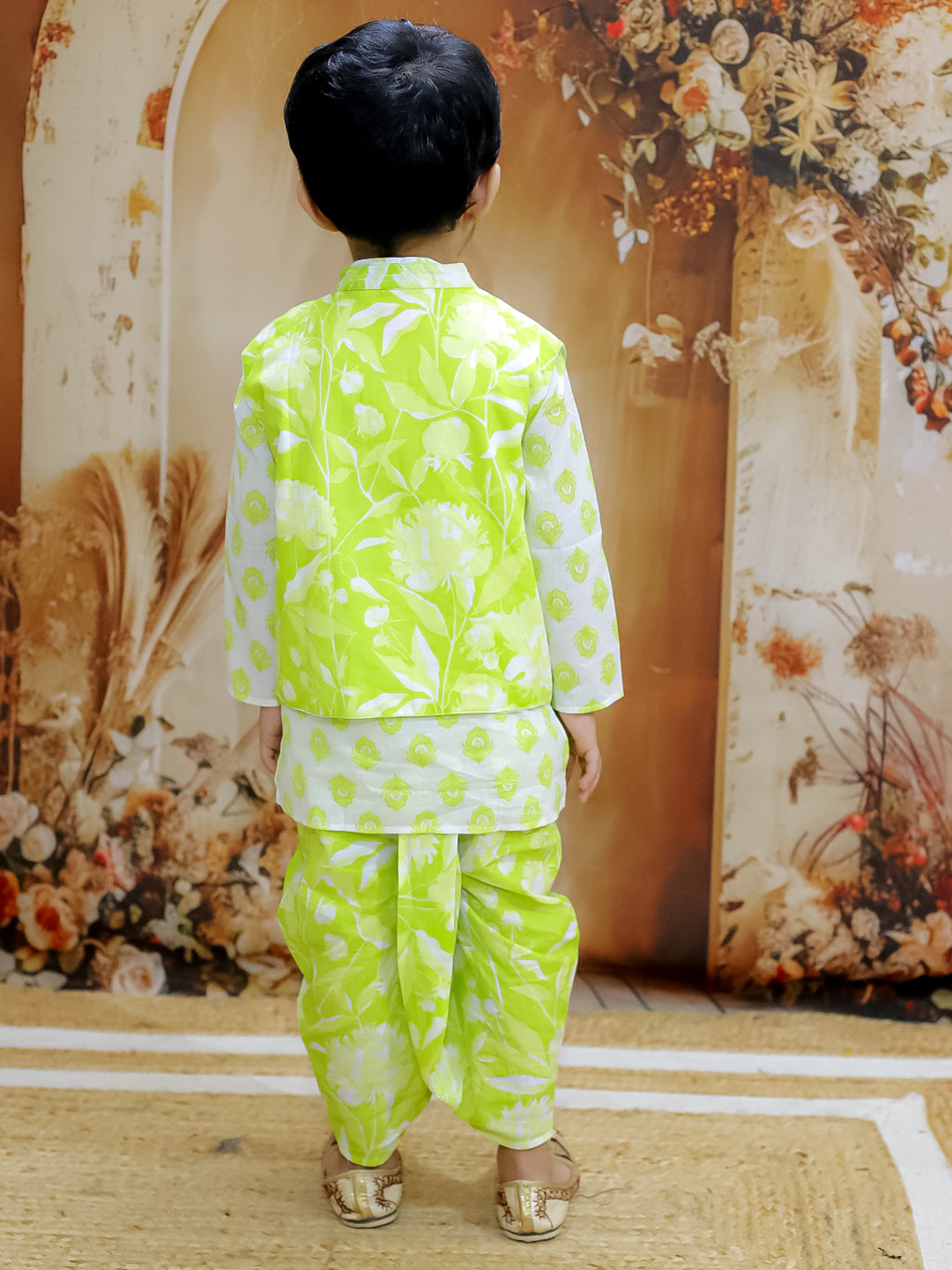 KID1 Floral Jacket With Motif Printed Kurta And Dhoti Set Green