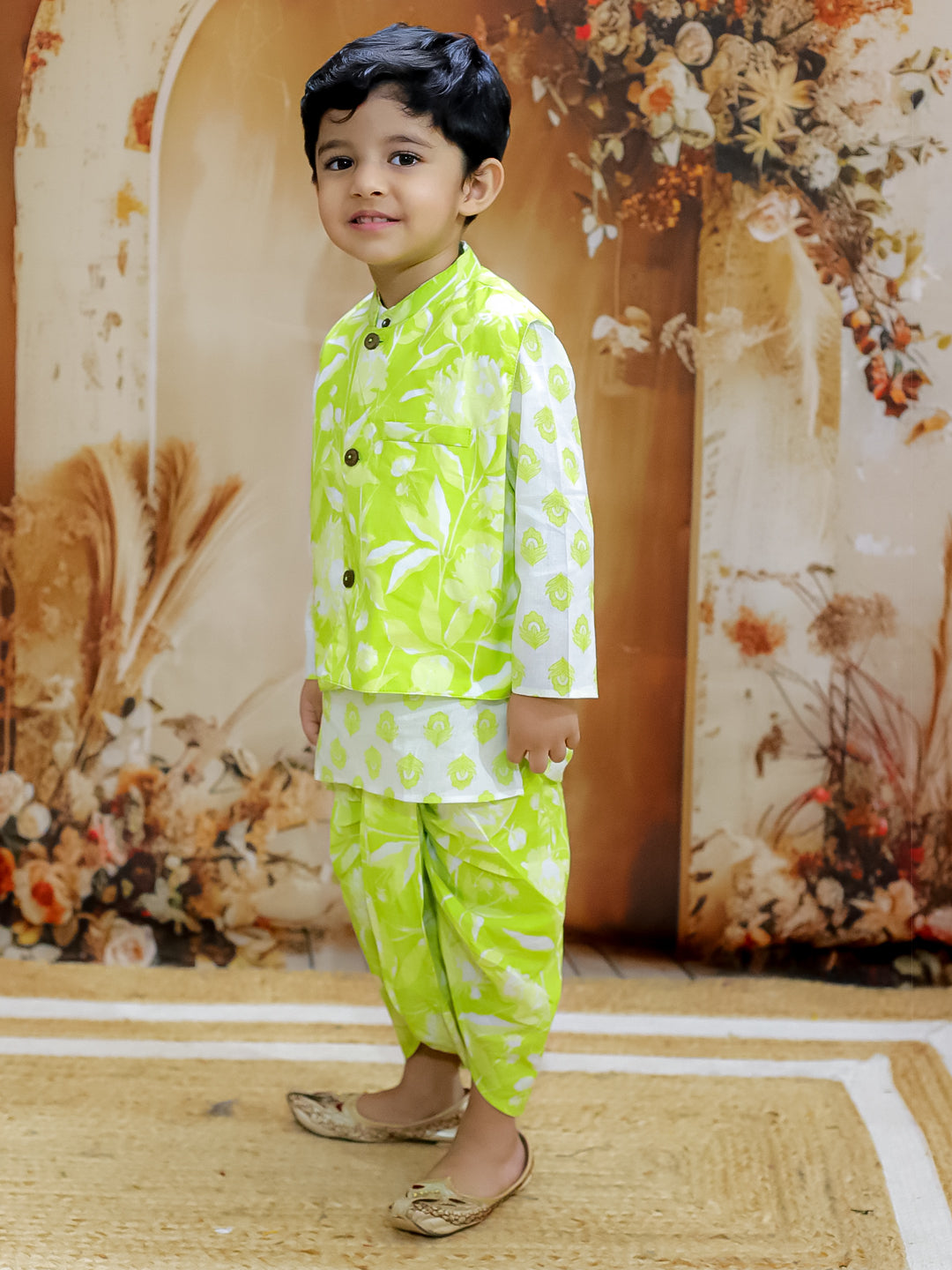 KID1 Floral Jacket With Motif Printed Kurta And Dhoti Set Green