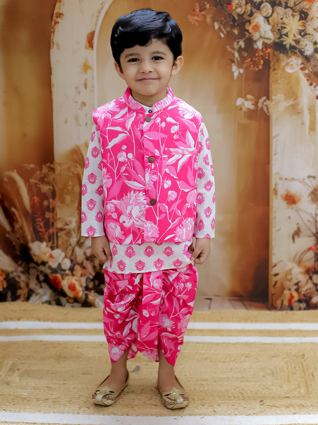 KID1 Floral Jacket with Motif Printed Kurta and Dhoti Set Pink