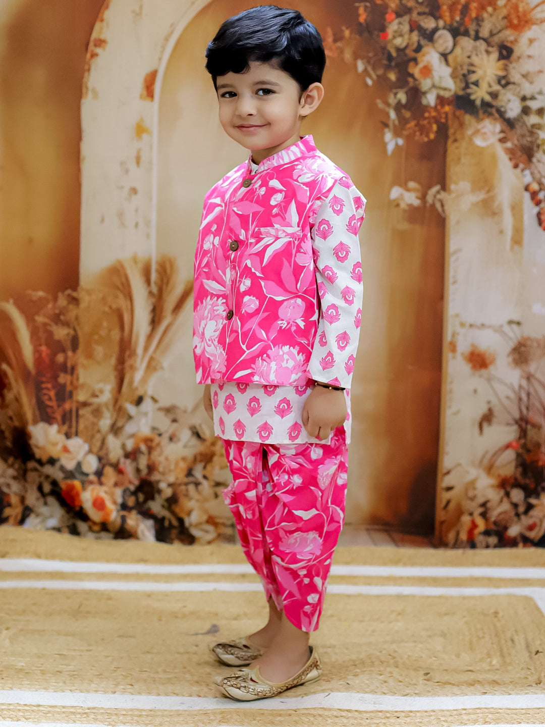 KID1 Floral Jacket with Motif Printed Kurta and Dhoti Set Pink