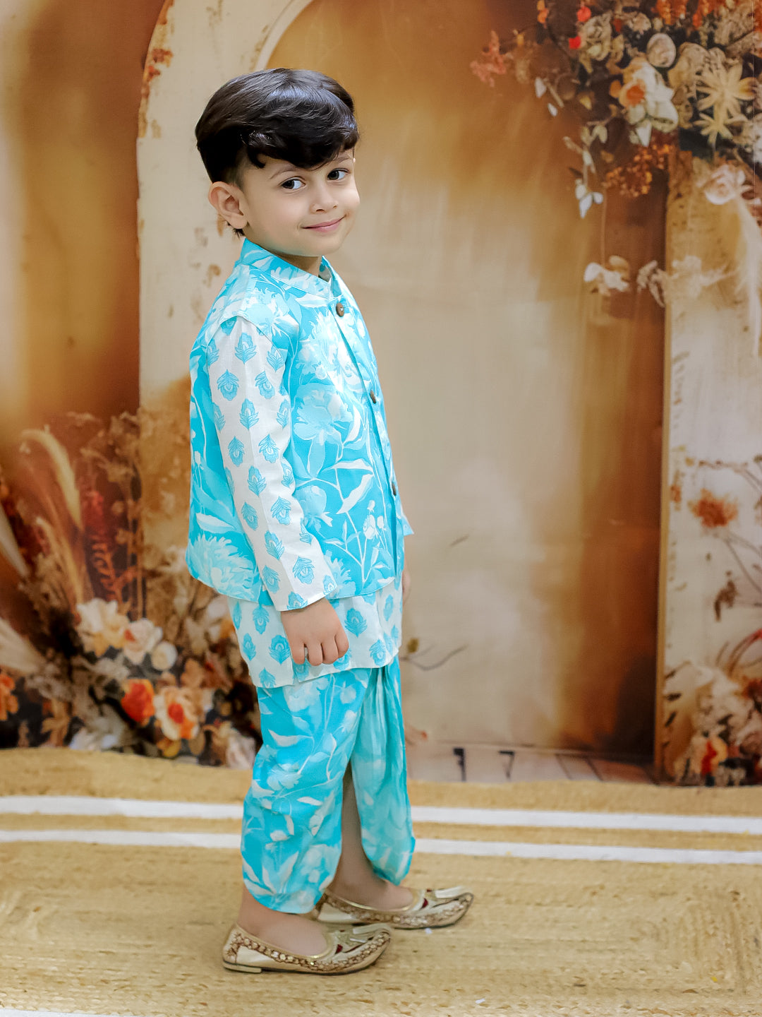 KID1 Floral Jacket with Motif Printed Kurta and Dhoti Set Blue