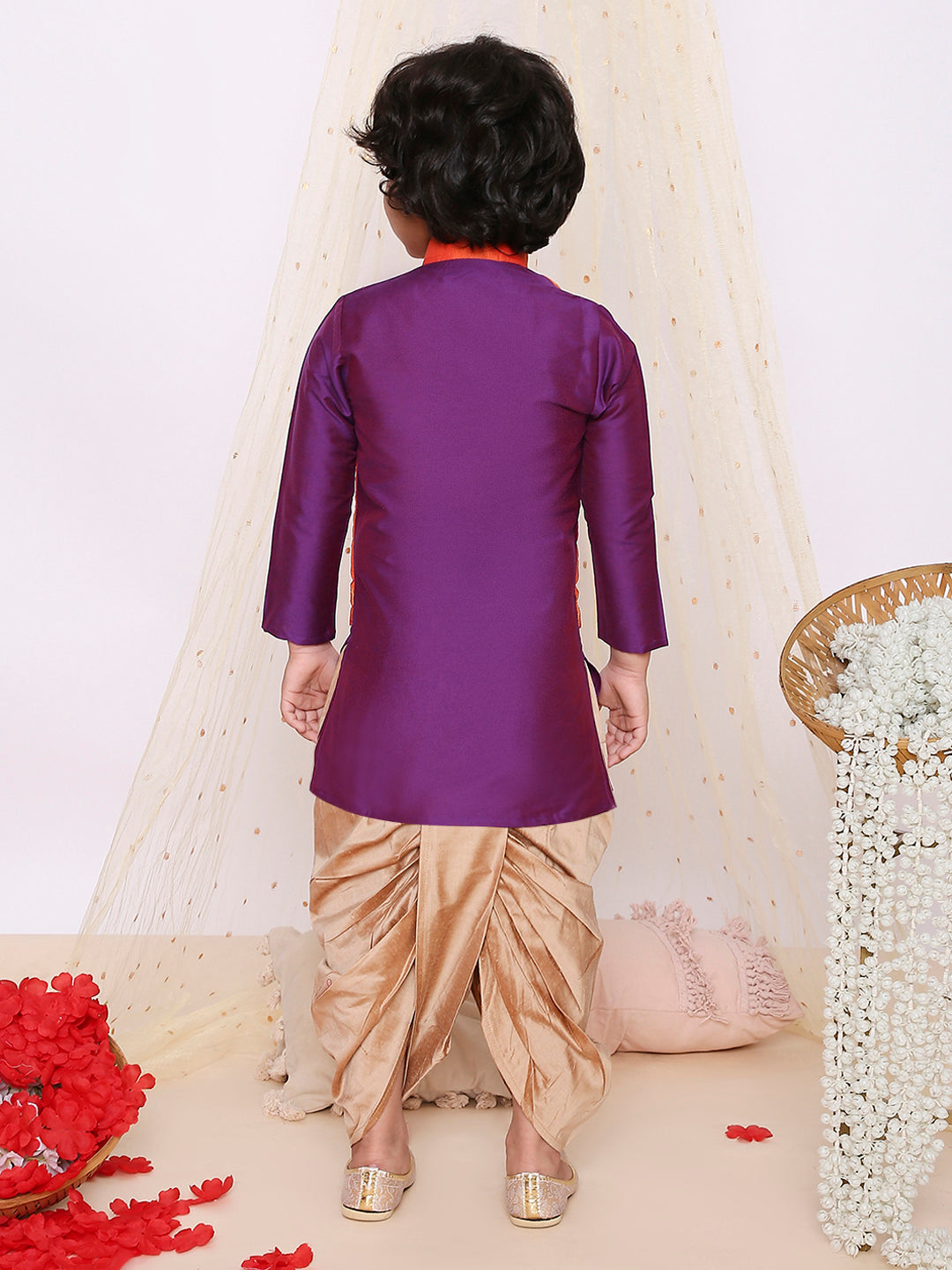 KID1 Jacquard Pattu Pavdai For Girls With Attached Jacket Kurta Set For Boys - Purple