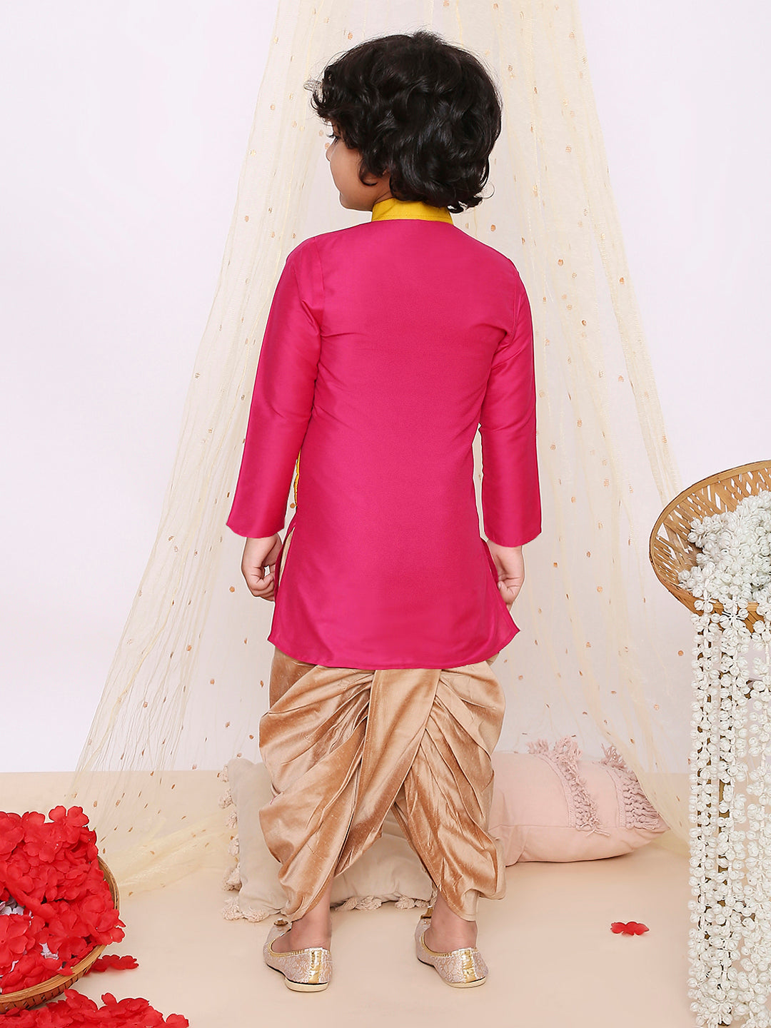 KID1 Jacquard Pattu Pavdai For Girls With Attached Jacket Kurta Set For Boys - Pink