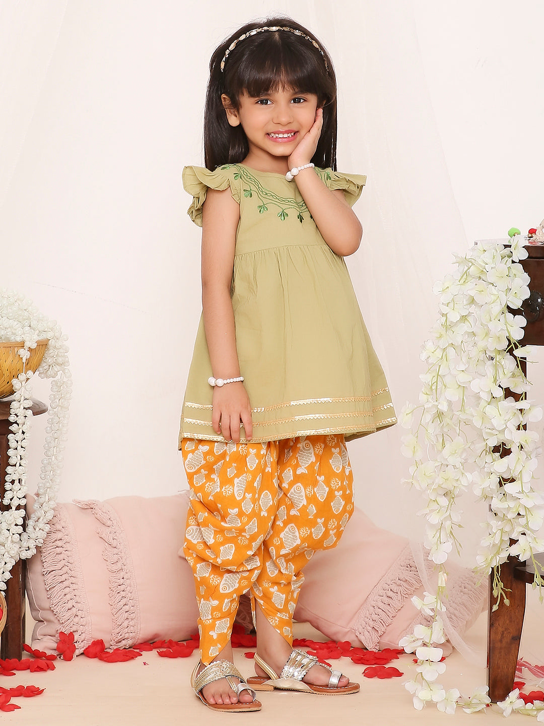KID1 Ekam Girls Embroidered Peplum with Dhoti Green