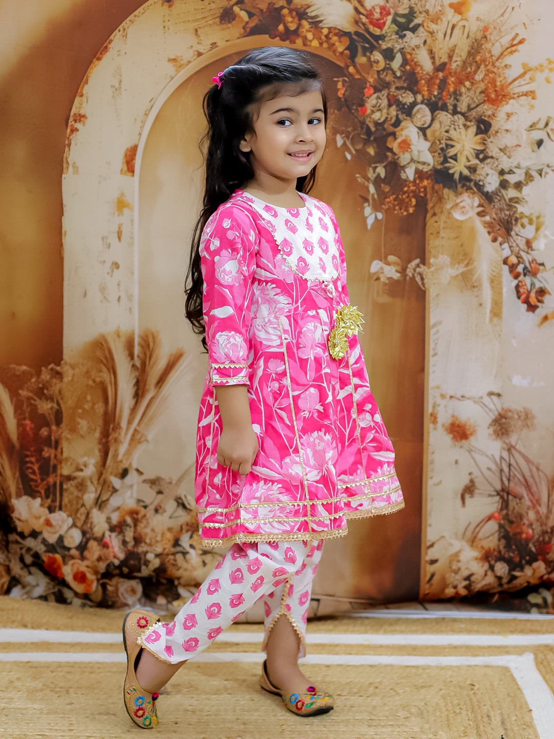 KID1 Floral Printed Kurti Dhoti Set Pink