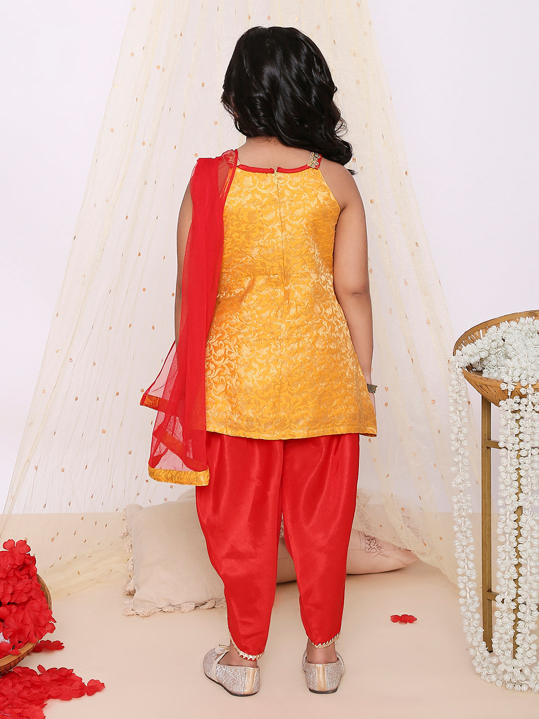 KID1 Festive Jacquard Kurti Dhoti Set For Girls With Festive Jacquard Sherwani Dhoti For Boys - Yellow