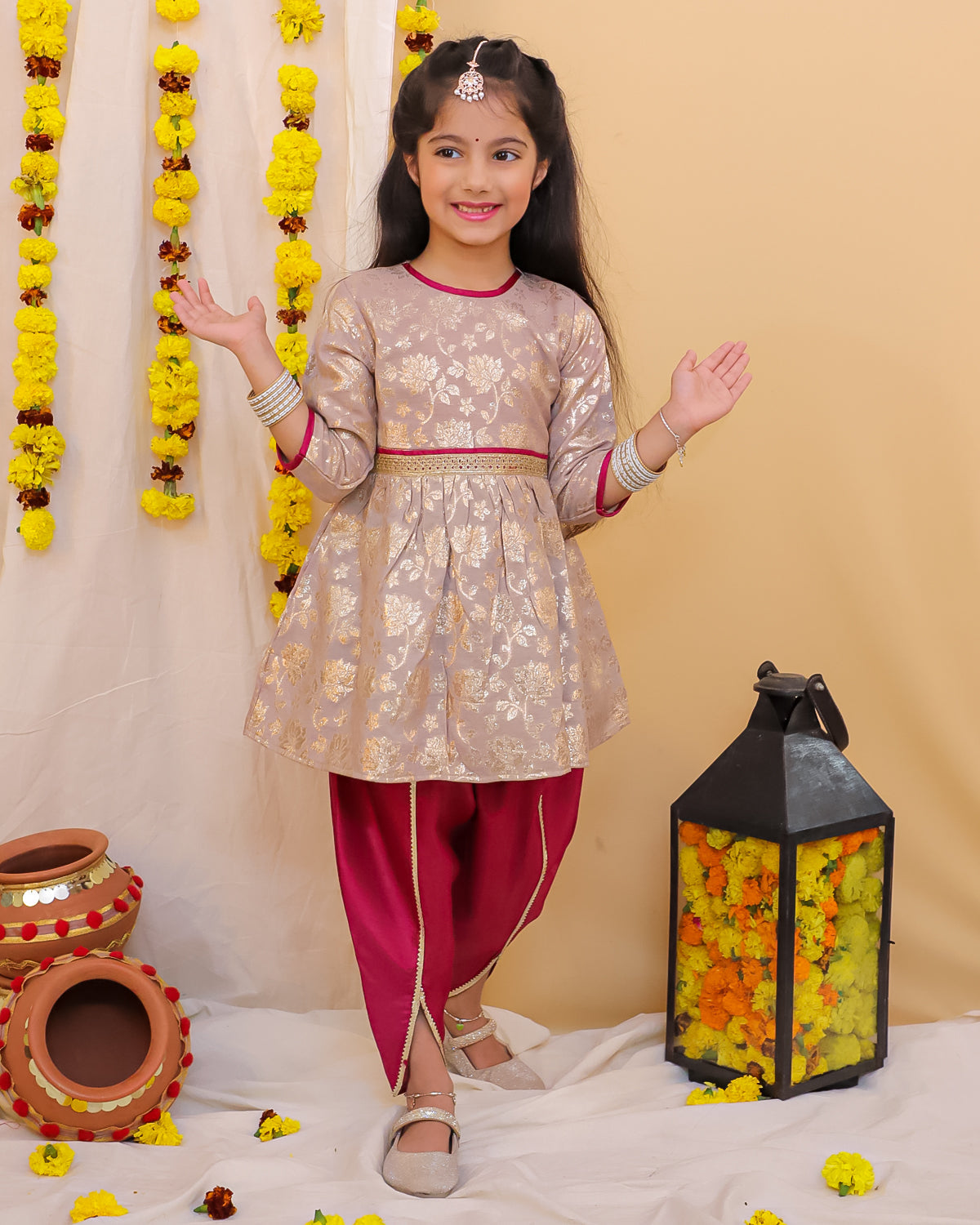 KID1 Sonpari Jaquard Peplum Dhoti Set Beige