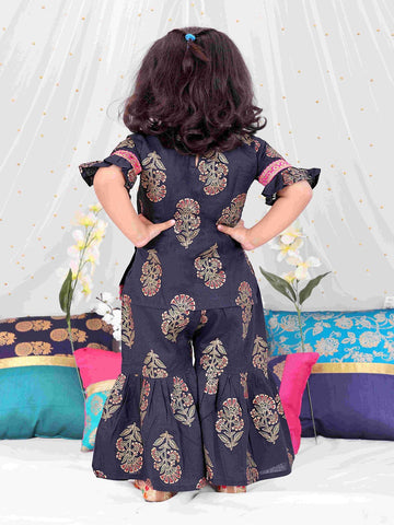 KID1 Zohra Block Print Sharara Set Navy Blue