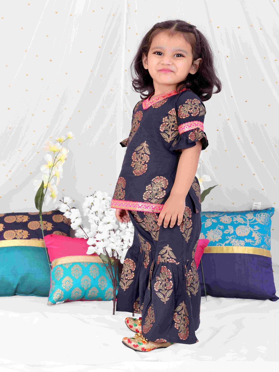 KID1 Zohra Block Print Sharara Set Navy Blue